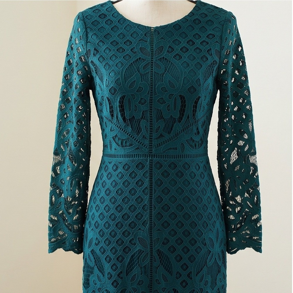 Cupcakes and Cashmere Teal Green Lace Long Sleeve Sheath Dress Size 0